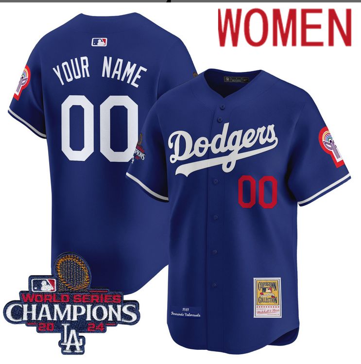 Women MLB Los Angeles Dodgers Custom blue 2024 World Series Champions Patch Cooperstown Jersey style 4